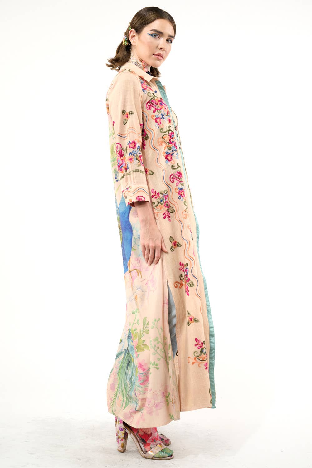 Beauty Mark Embroidered Maxi Duster / Shirt Dress : Tea Wash / XL