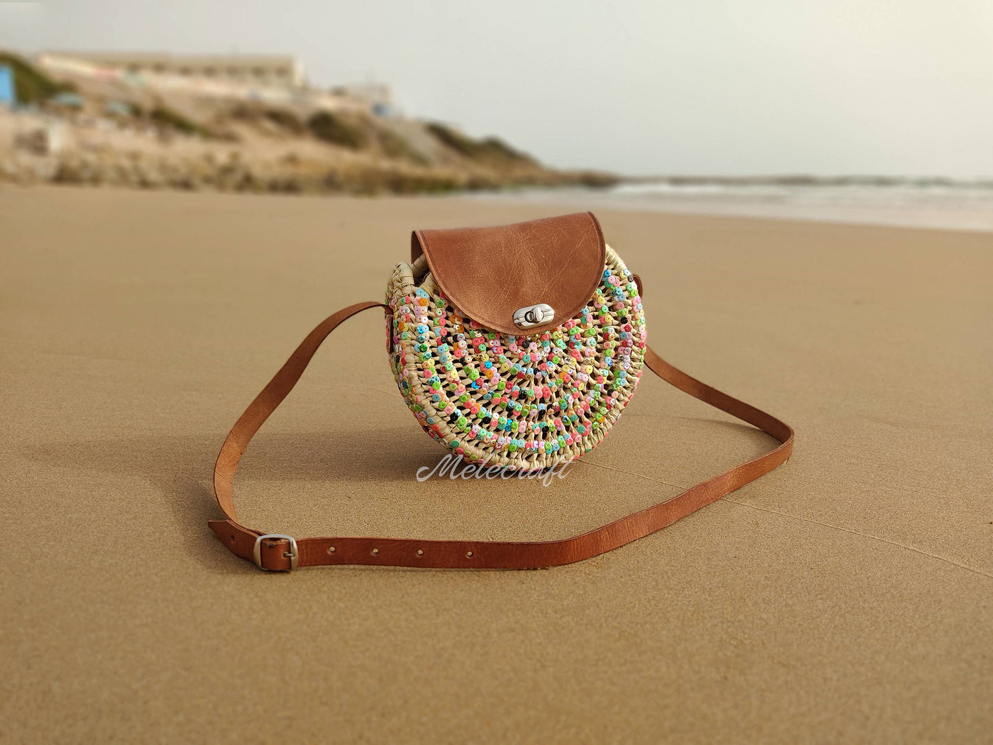Round straw bag with colorful sequins, Straw crossbody bag