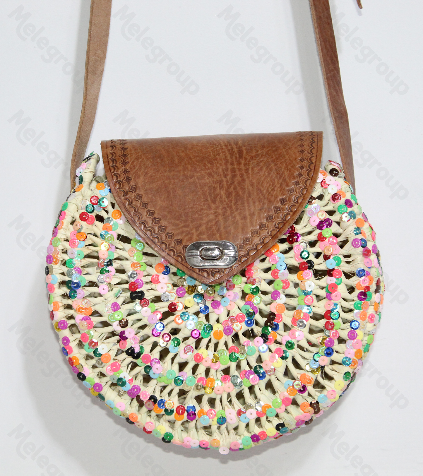 Round straw bag with colorful sequins, Straw crossbody bag