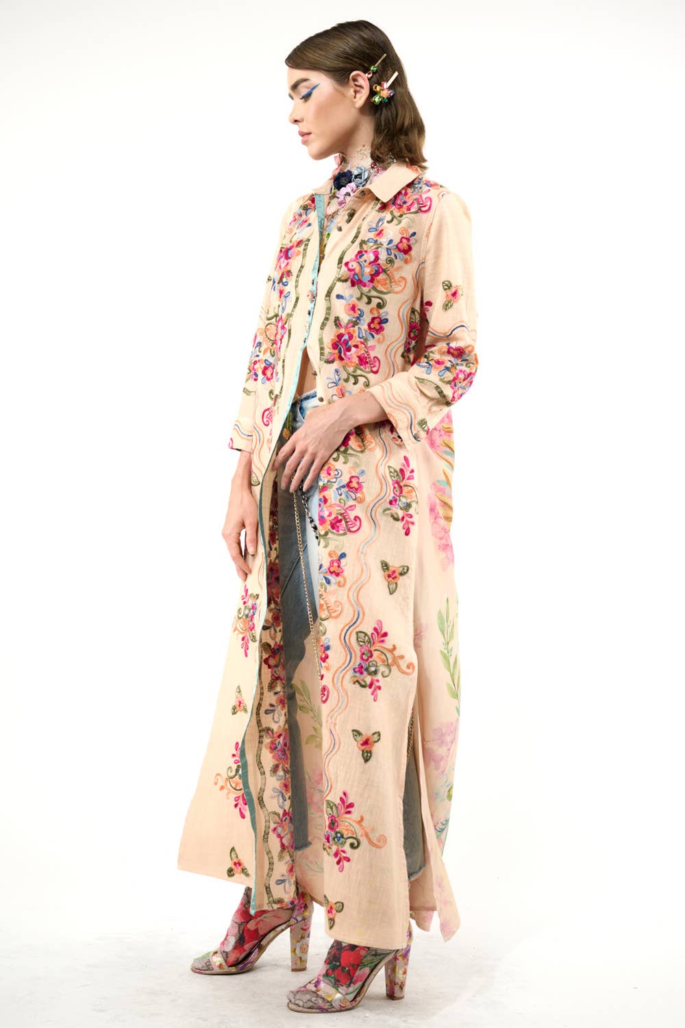 Beauty Mark Embroidered Maxi Duster / Shirt Dress : Tea Wash / XL