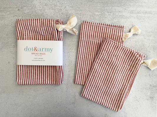 Americana Stripe Linen Bread Bags, set of two: Papaya