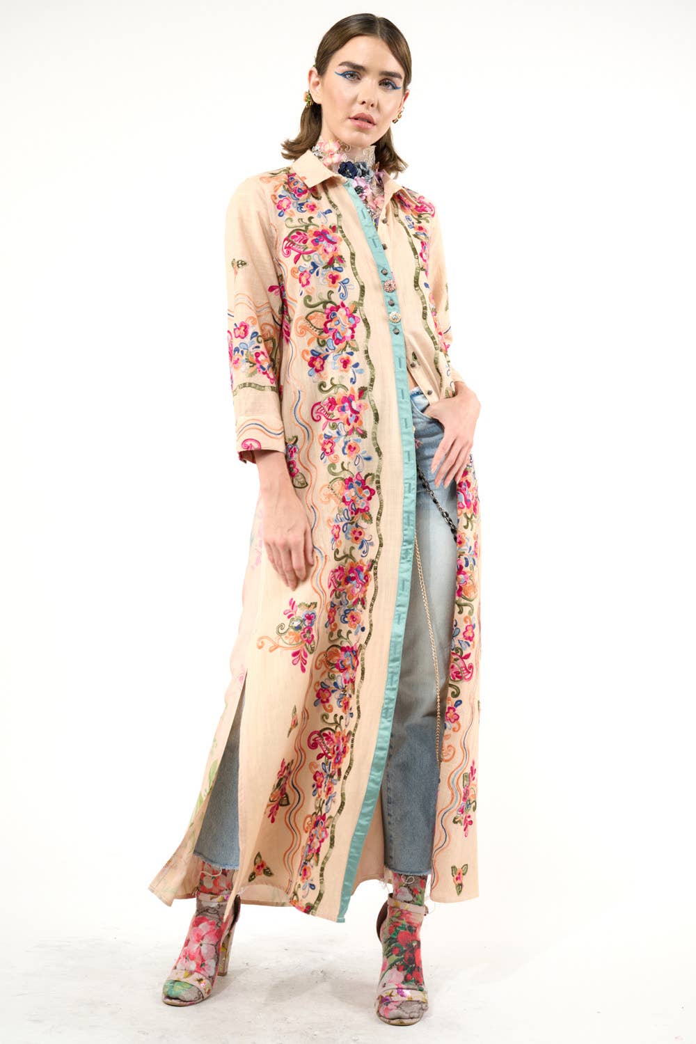 Beauty Mark Embroidered Maxi Duster / Shirt Dress : Tea Wash / XL