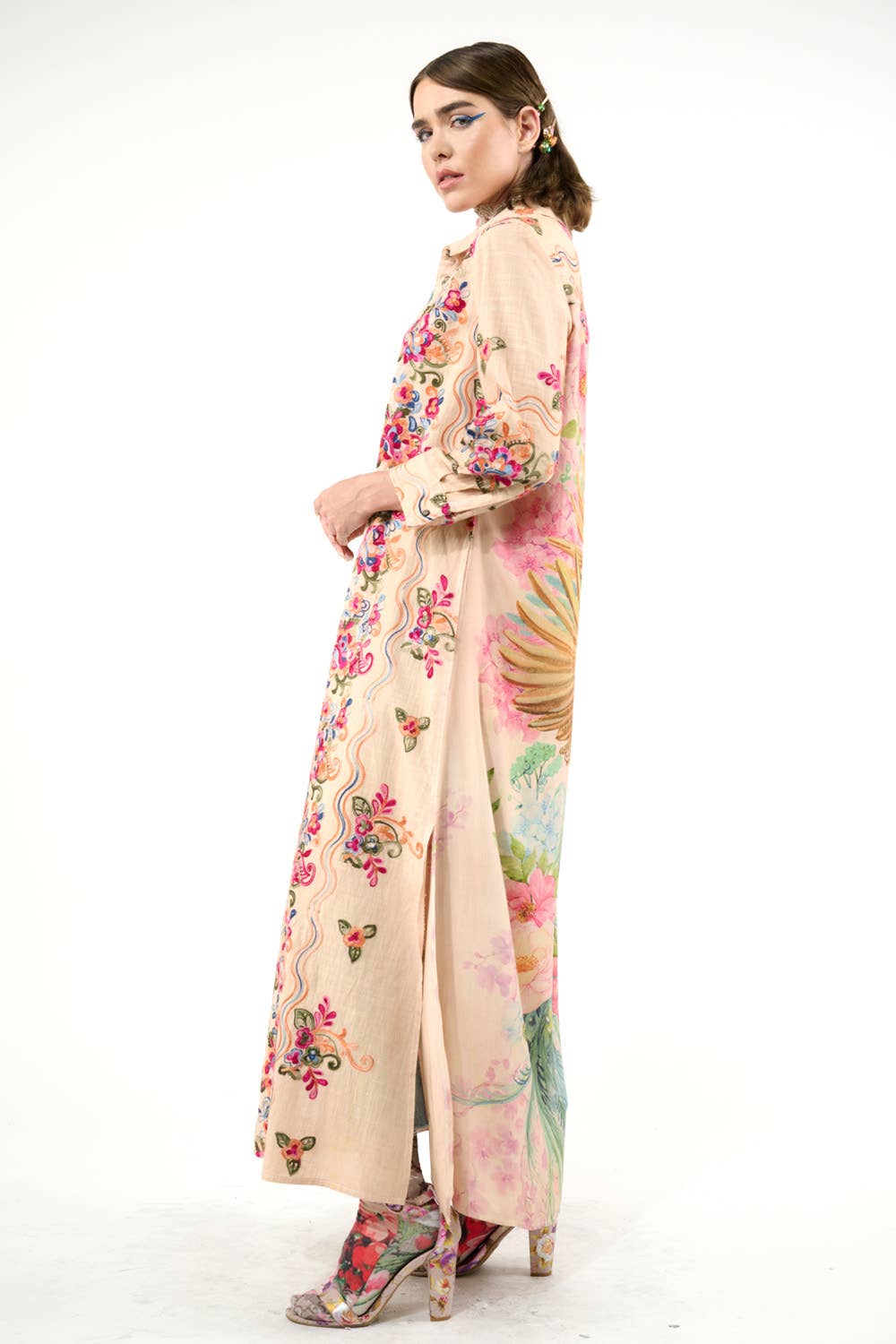 Beauty Mark Embroidered Maxi Duster / Shirt Dress : Tea Wash / XL
