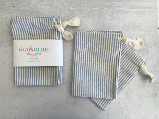 Americana Stripe Linen Bread Bags, set of two: Dusty blue