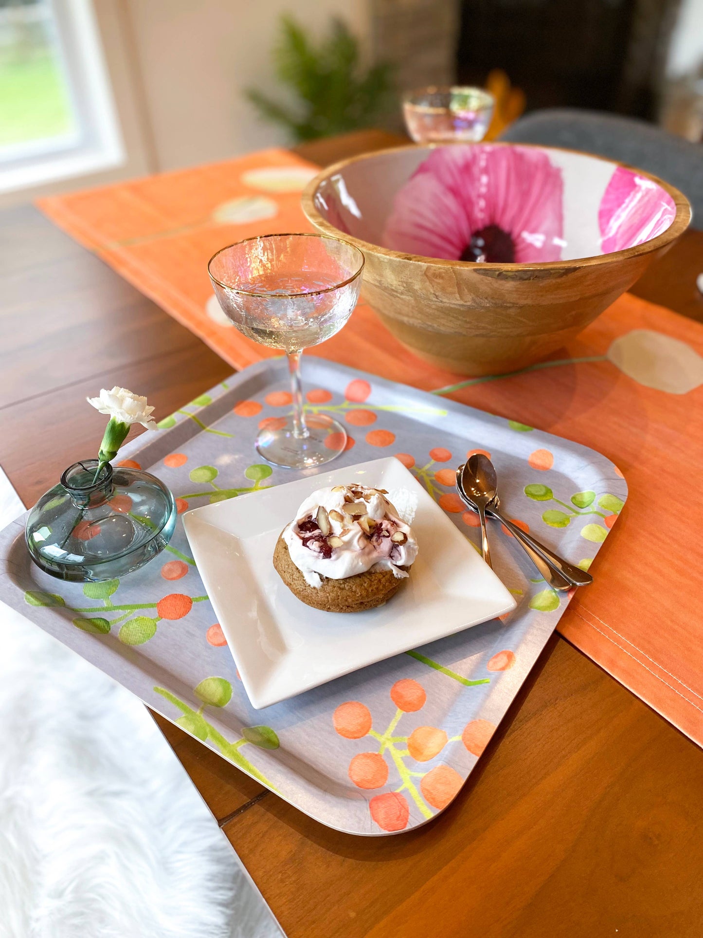 Serving Bowl: Pink Rose of Sharon on Taupe