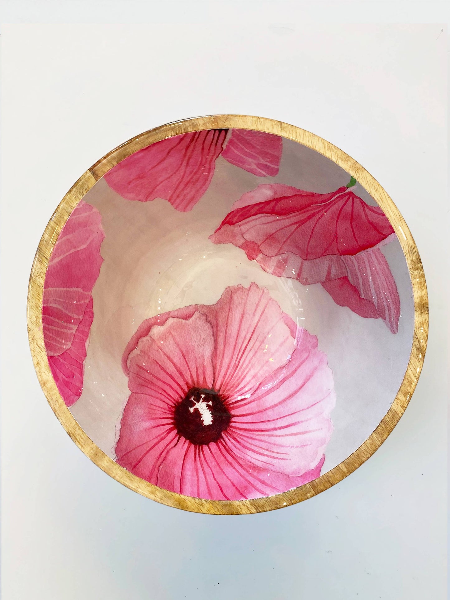 Serving Bowl: Pink Rose of Sharon on Taupe