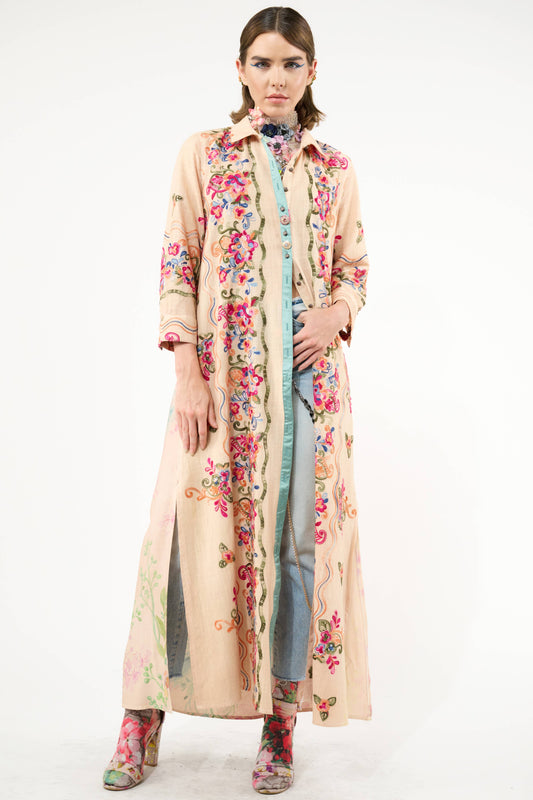 Beauty Mark Embroidered Maxi Duster / Shirt Dress : Tea Wash / XL